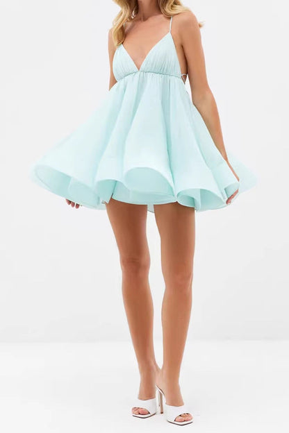 Pleated voluminous V-neck backless camisole mini dress
