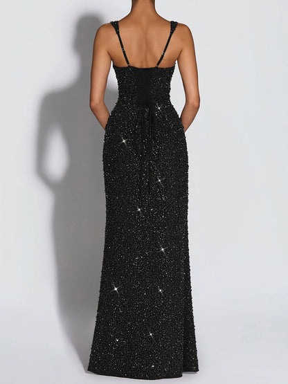 black sequin suspender evening dress