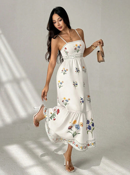 white Suspender Print Waist Open Back dress
