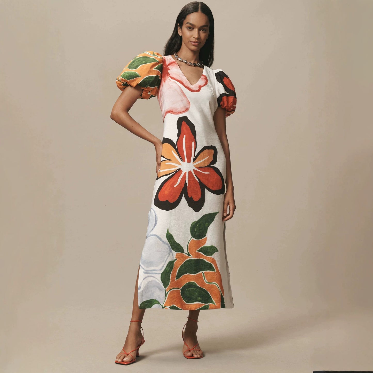 Printed puff sleeve V-neck side slit maxi dress