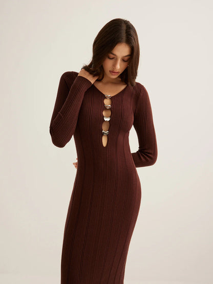 button V-neck knitted maxi dress