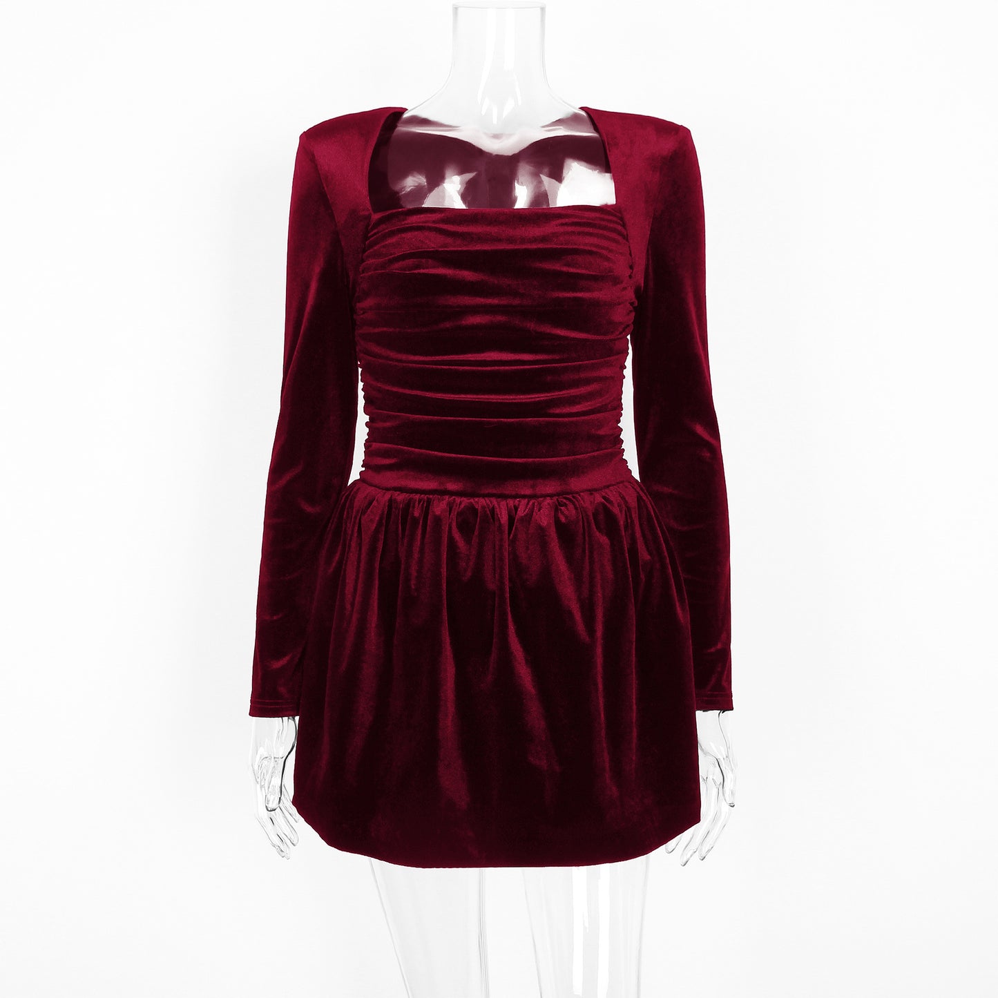 red velvet long-sleeved square neck dress