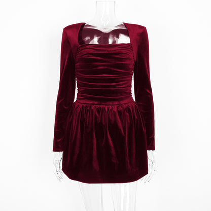 red velvet long-sleeved square neck dress