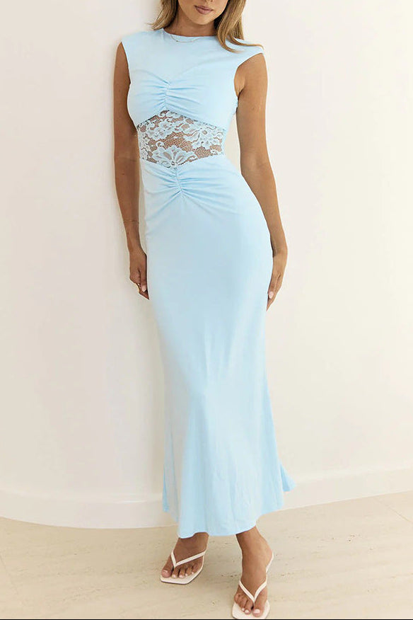 blue Neck Sleeveless Lace Stitched Mermaid Dress