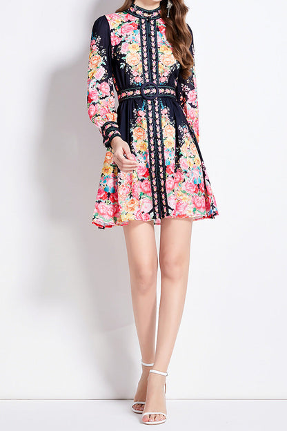 Stand-collar single-breasted lantern-sleeve mini dress