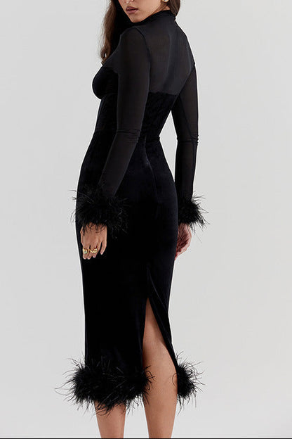 Furry Waist-cinching Mesh Patchwork maxi Dress