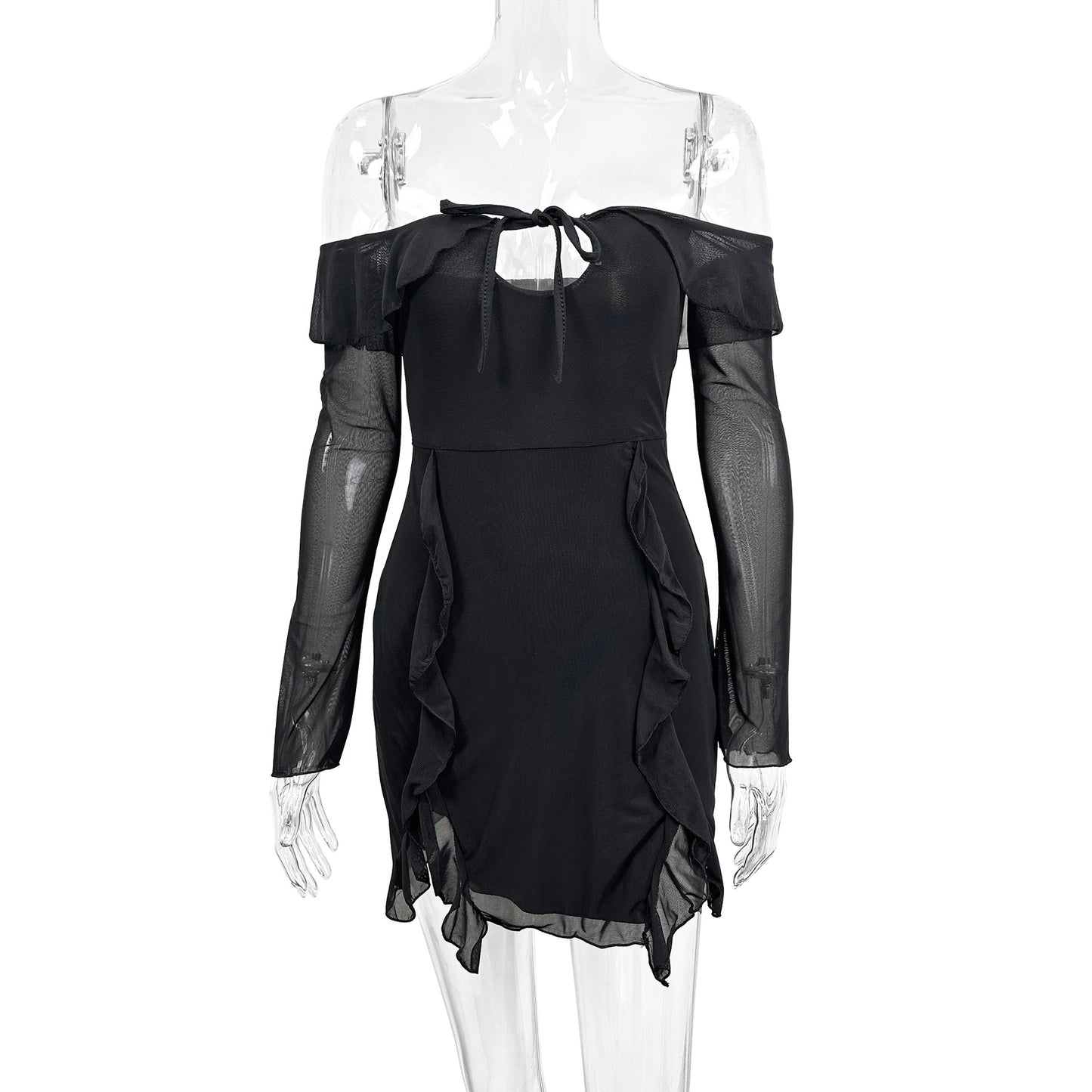 Backless ruffled mesh bodycon mini dress