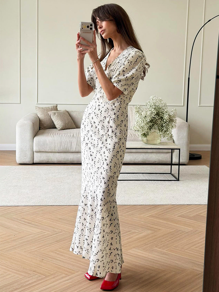 Puff Sleeve Pleated Floral Midi Dress