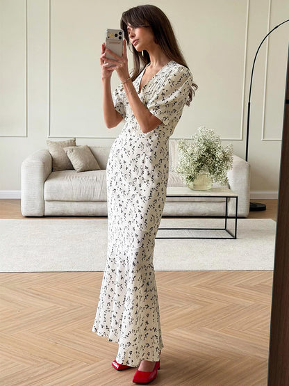 Puff Sleeve Pleated Floral Midi Dress