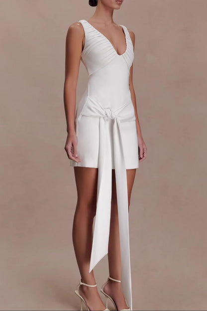 white halterneck deep V-neck streamer dress