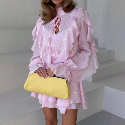Bell-sleeve ruffled mini dress with tie detail