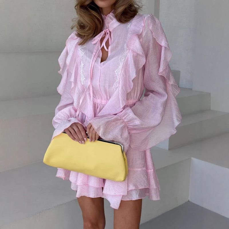 Bell-sleeve ruffled mini dress with tie detail