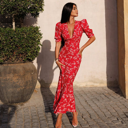 red puff sleeve floral dress