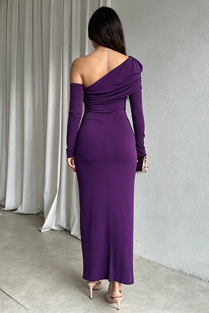 Purple Asymmetrical One-Shoulder Maxi Dress with Ruched Side Detail Premium Fabric - product view 4