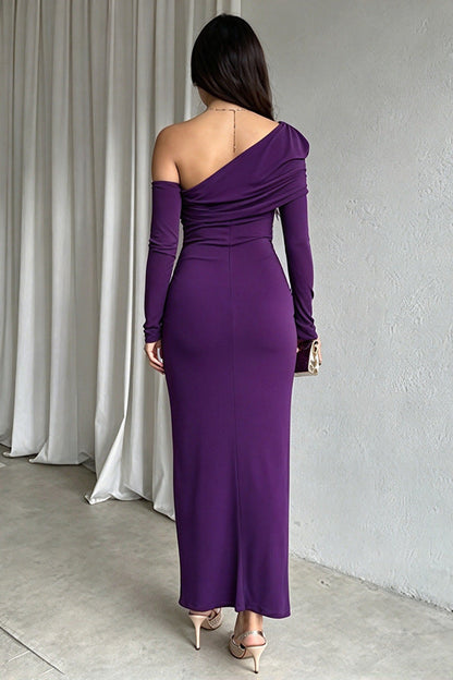Purple Asymmetrical One-Shoulder Maxi Dress with Ruched Side Detail Premium Fabric - product view 4