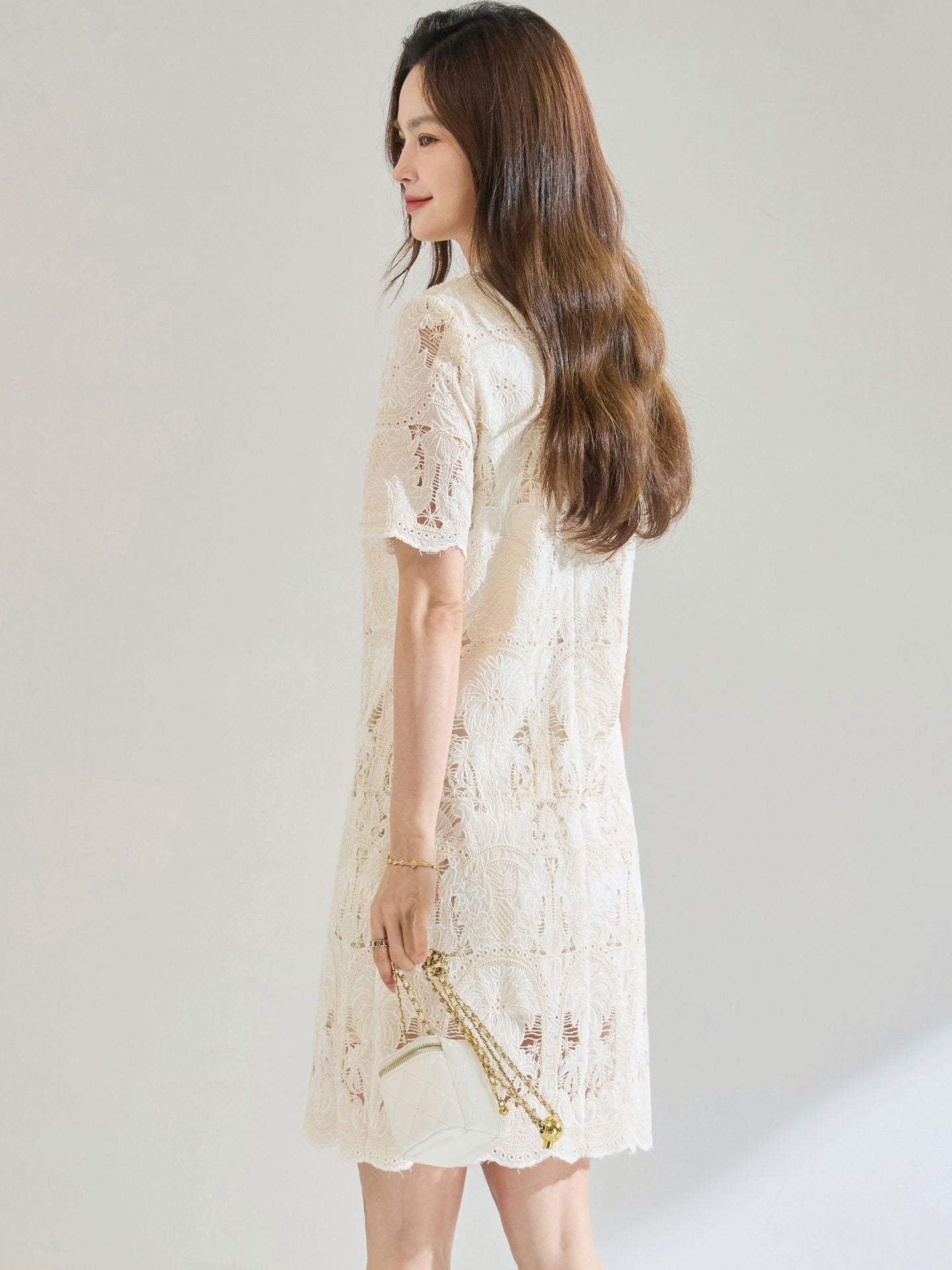 lace openwork embroidery mini dress - beige