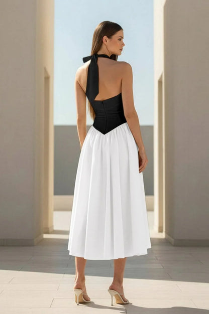 black and white Halter Strappy Backless midi Dress