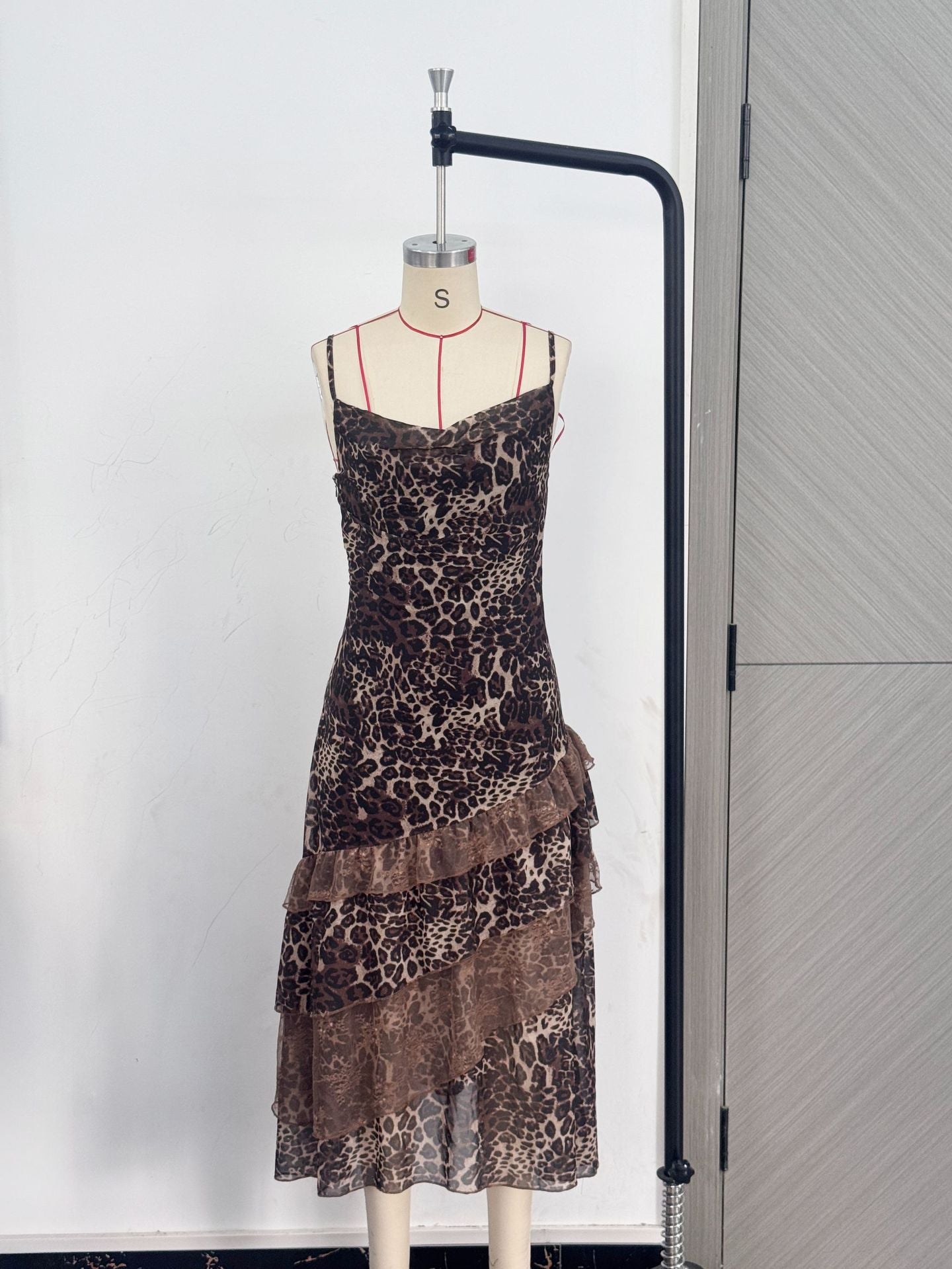 Leopard-print sheer camisole backless maxi dress with ruffles