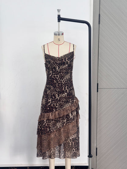 Leopard-print sheer camisole backless maxi dress with ruffles