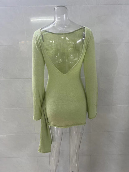 green long sleeve knitted mini dress