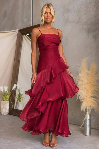 Premium Fabric Red Tiered Ruffle Maxi Dress Premium Fabric - product view 1