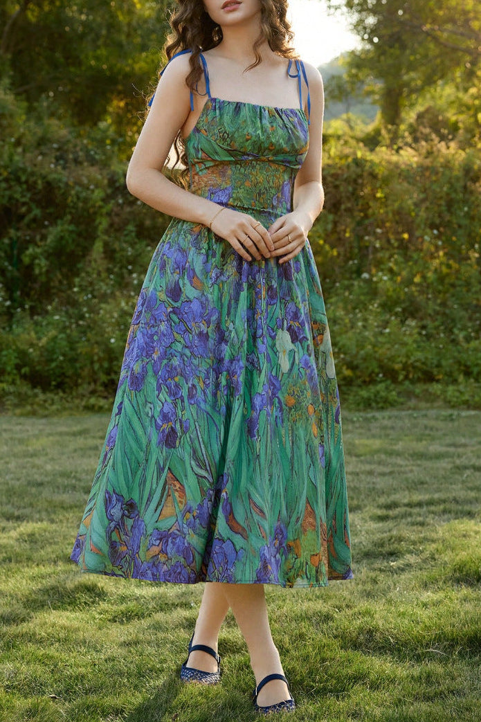 green suspender flower waist dress