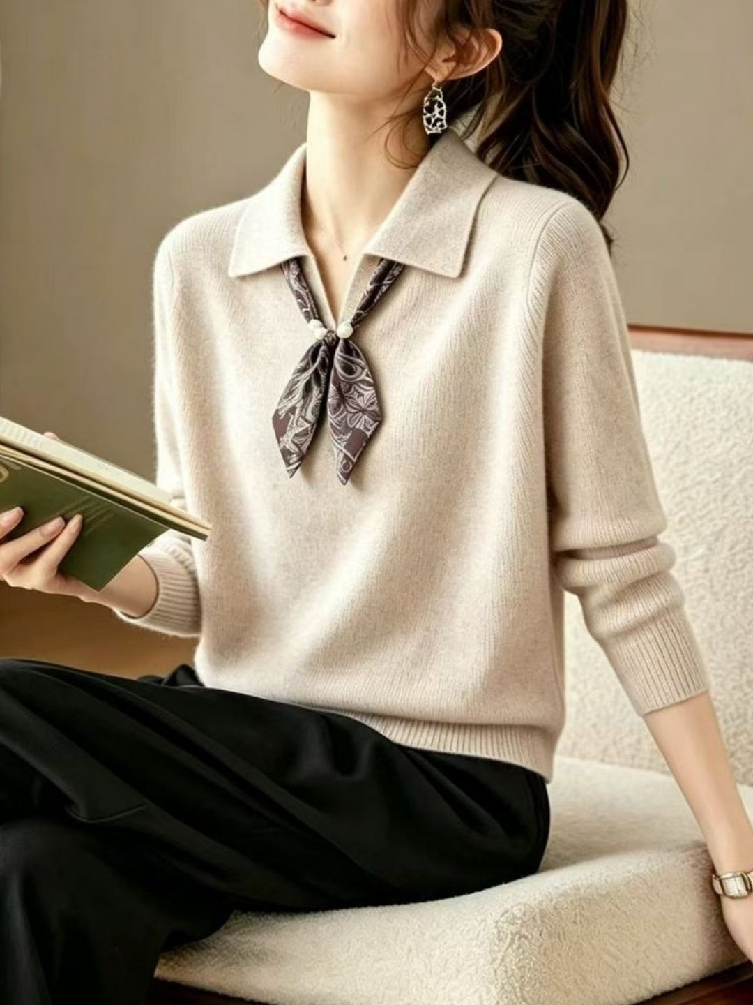Polo Collar Silk Scarf Detail Sweater
