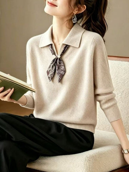 Polo Collar Silk Scarf Detail Sweater