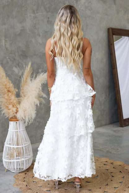 White 3D Floral Spaghetti Strap Tiered Midi Dress