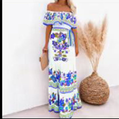 Off-shoulder printed maxi dress with a full skirt