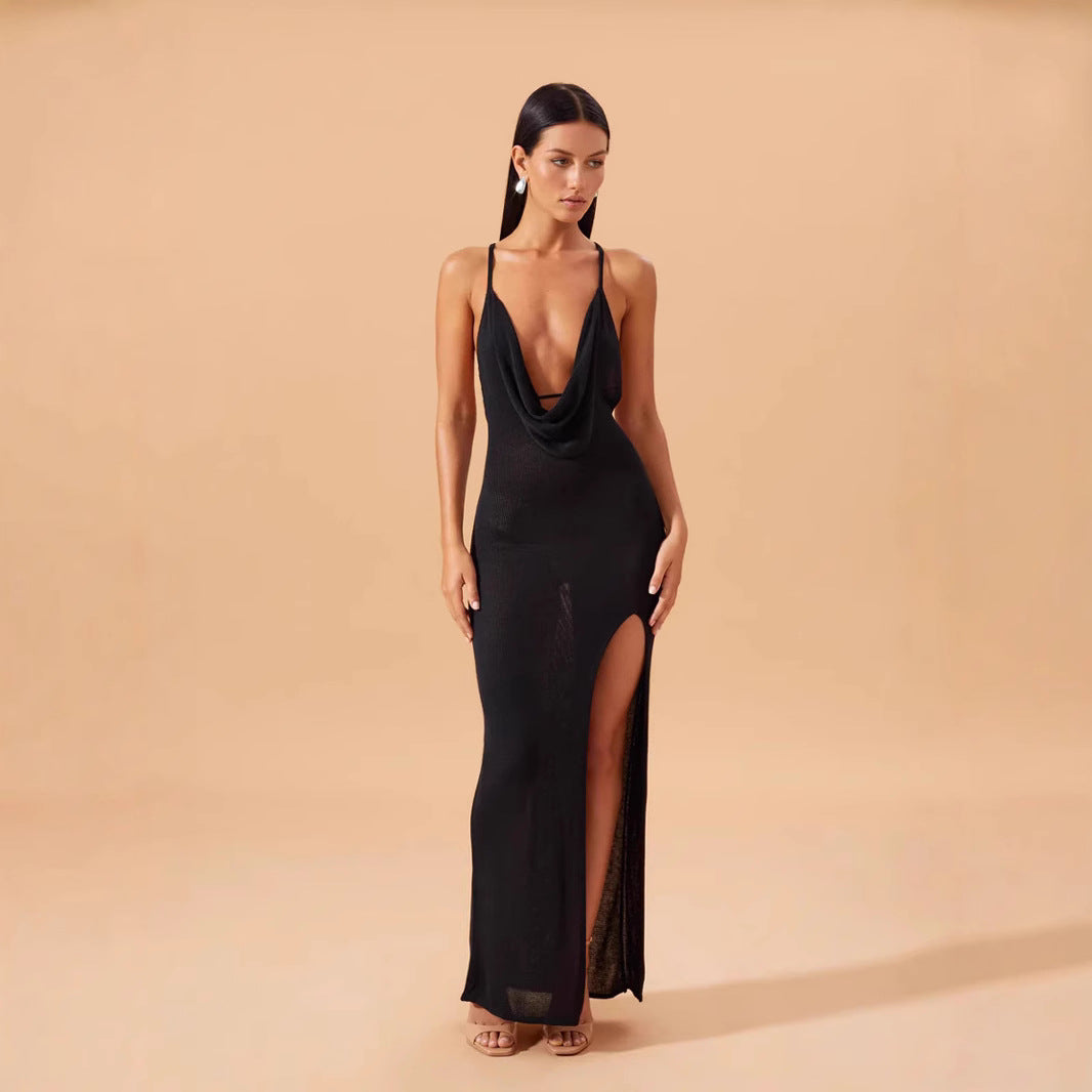 V-neck backless lace-up knitted  dress