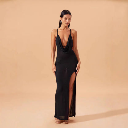 V-neck backless lace-up knitted  dress