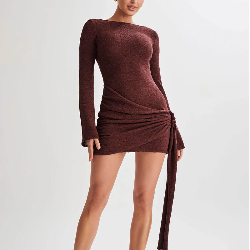 brown long sleeve knitted mini dress