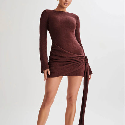 brown long sleeve knitted mini dress