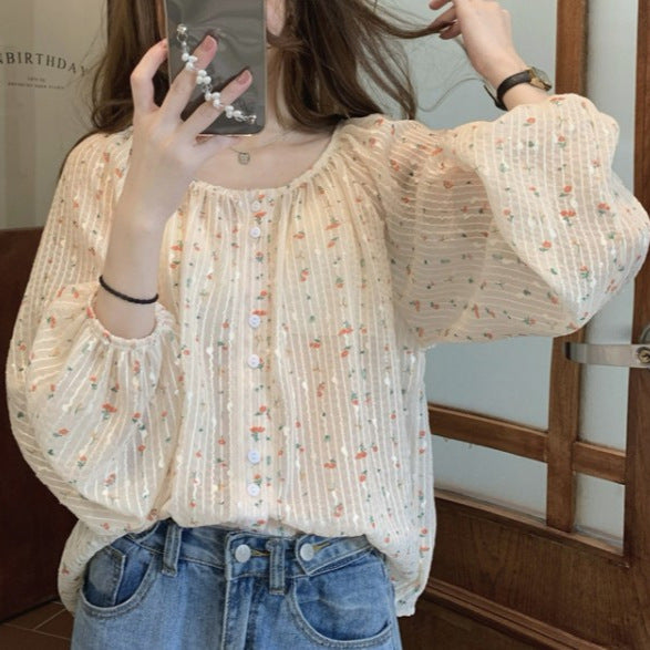 Thin chiffon floral long-sleeved shirt