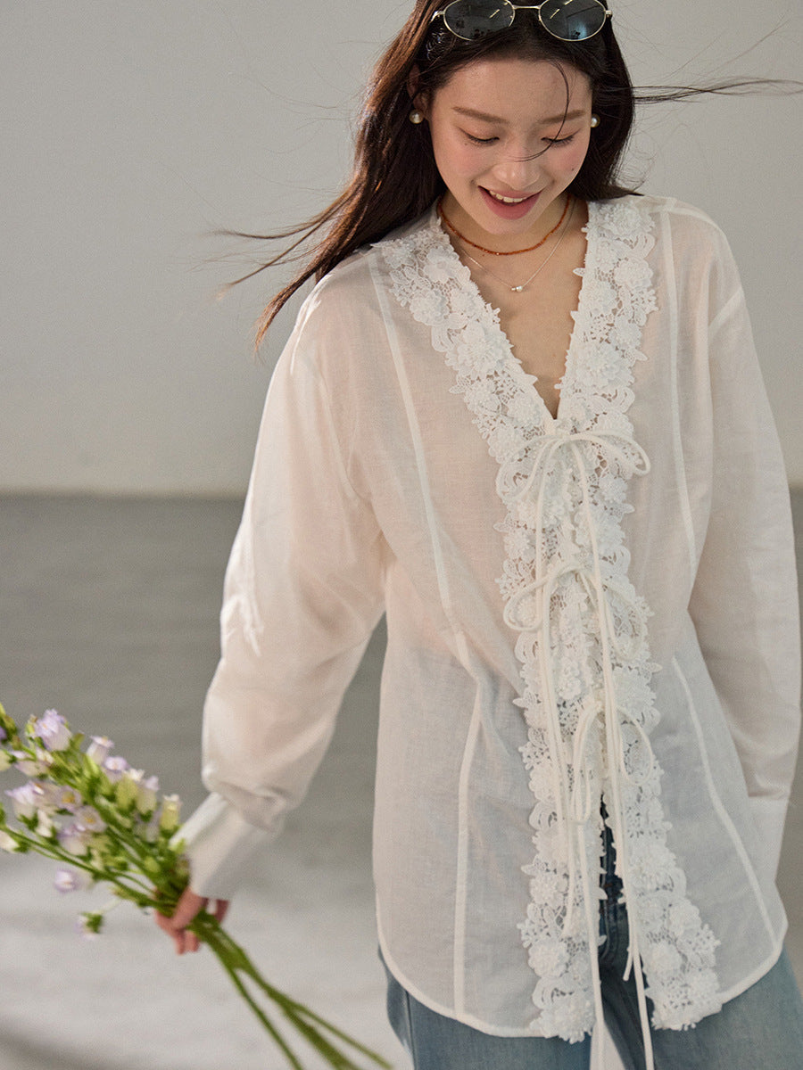 Retro V-neck lace embroidered Tencel shirt