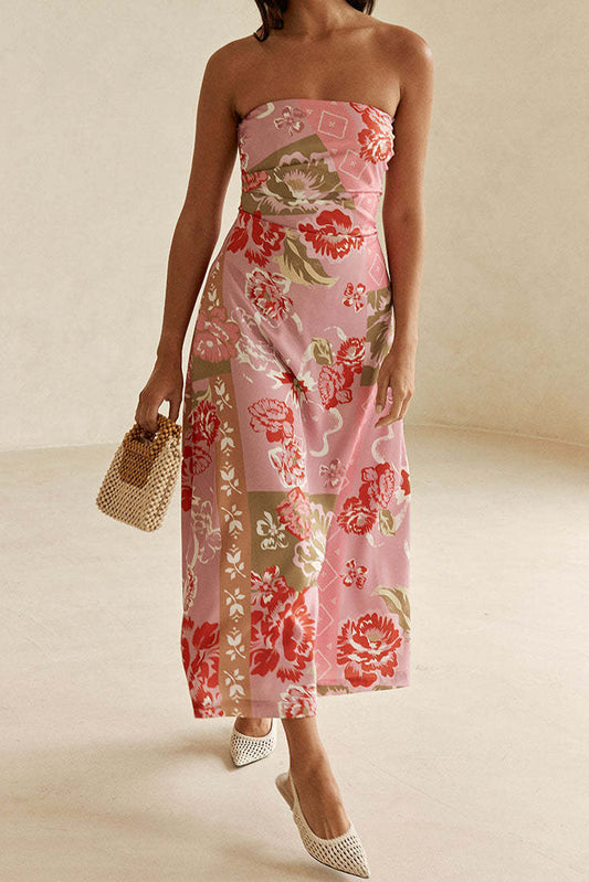 off shoulder floral print linen midi dress