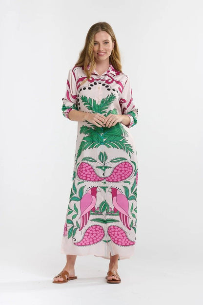 Parrot Palm Print Loose Shirt maxi Dress