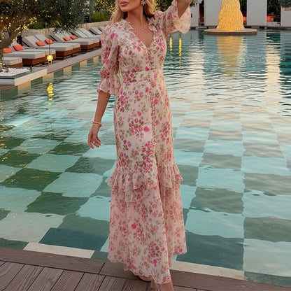 V-neck Vintage-print puff-sleeve slit maxi dress