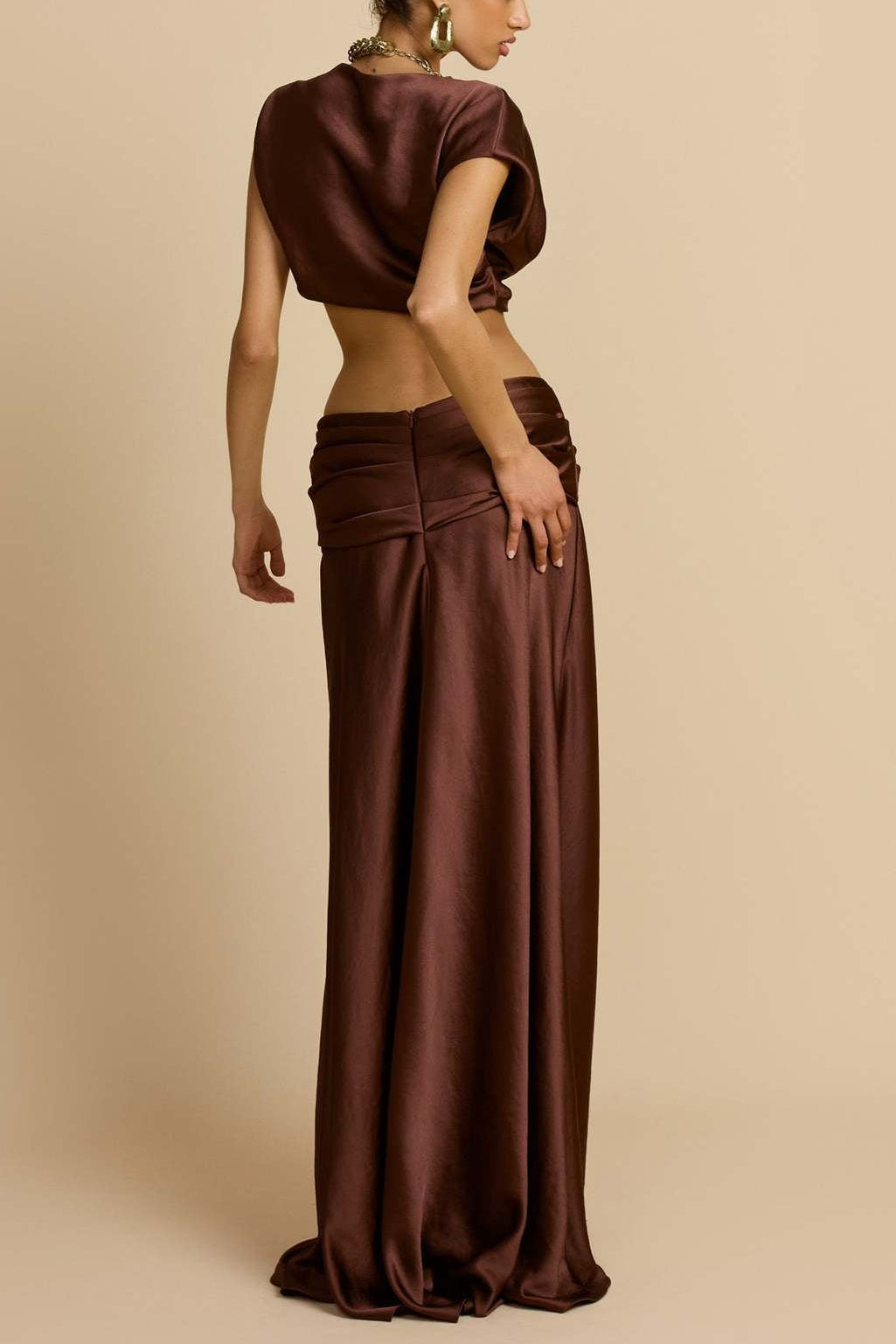 brown pleated geometric splicing shape bandeau skirt suit