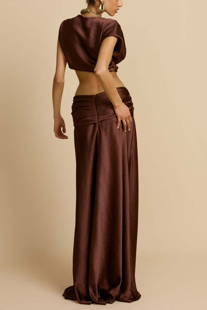 brown pleated geometric splicing shape bandeau skirt suit