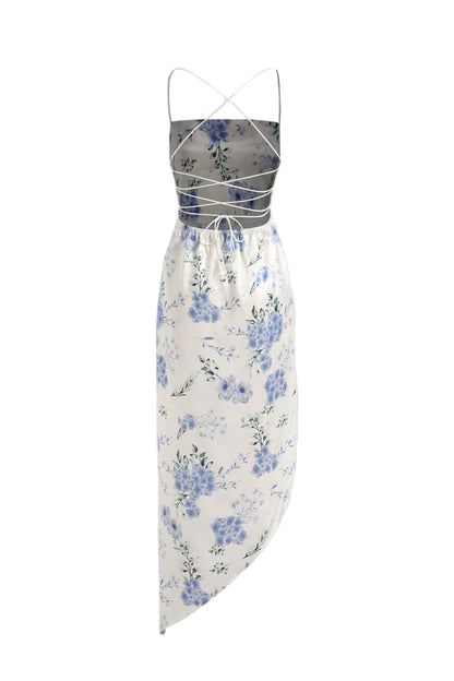 Vintage Floral Stretch Rope Lace-up Backless Skirt Dress