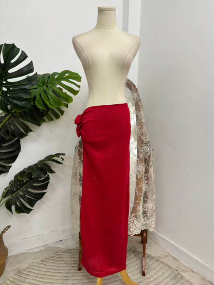 Red Knit Sheer Flower Skirt