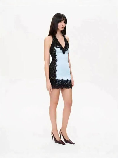 halter V-neck lace patchwork spaghetti strap mini dress