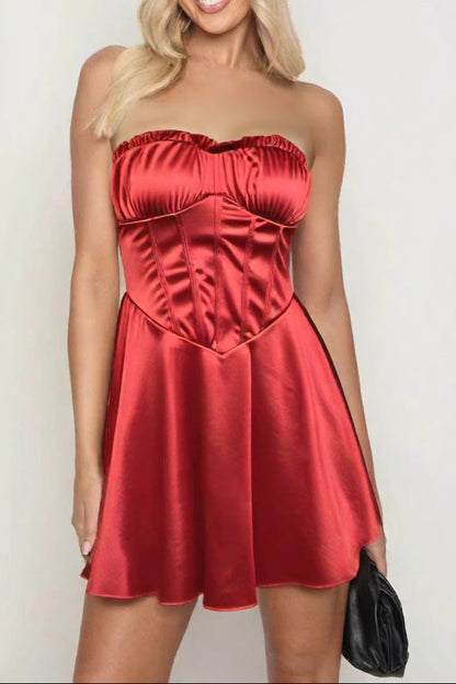 red A-line off-shoulder sleeveless mini dress