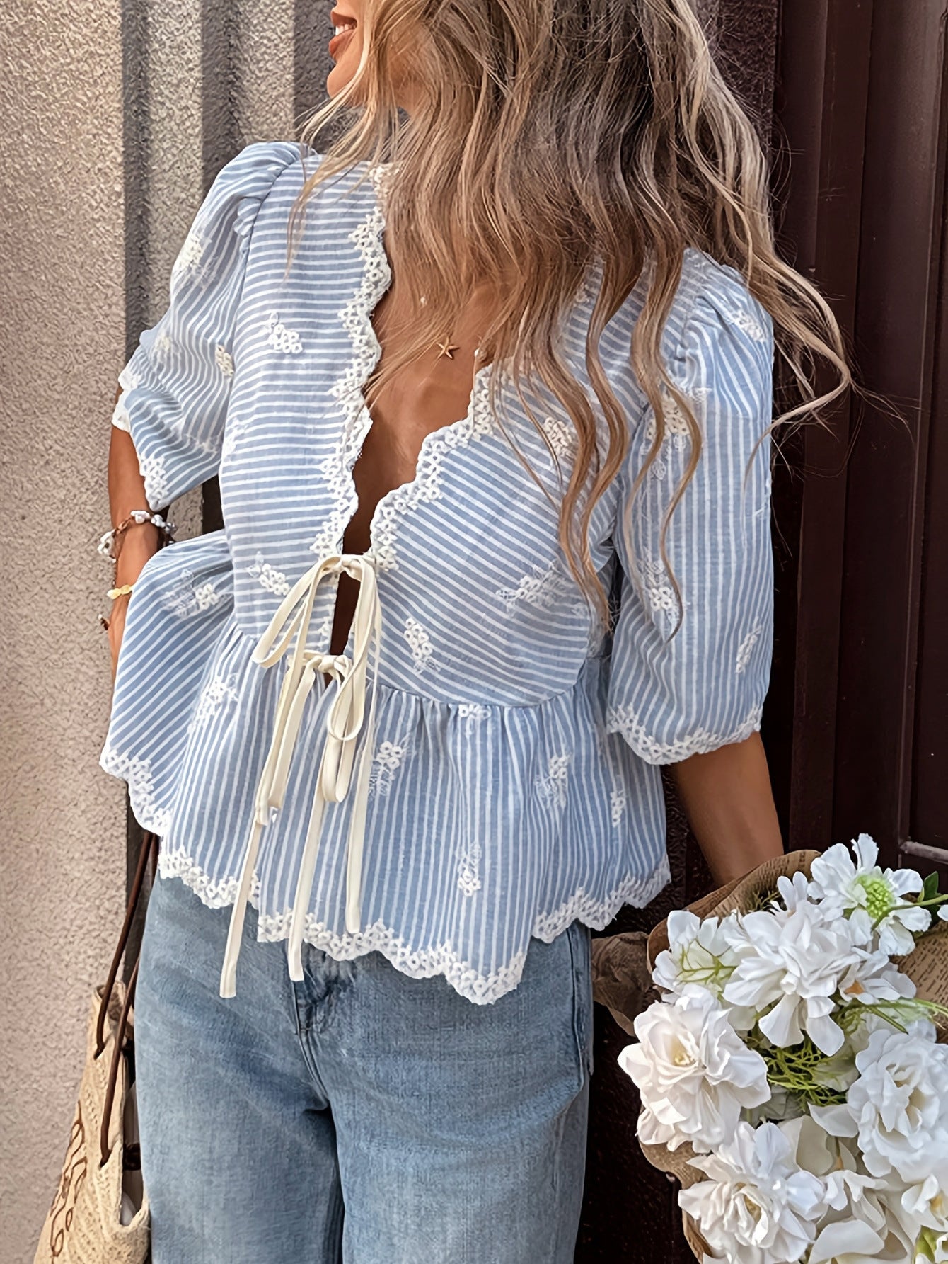 blue Lace V-neck Stripe Embroidered Puff Sleeve Tie-Up Shirt