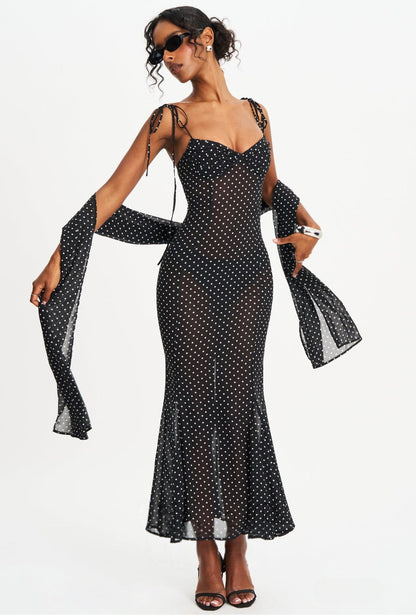 black suspender scarf decorated with polka dot print backless dress