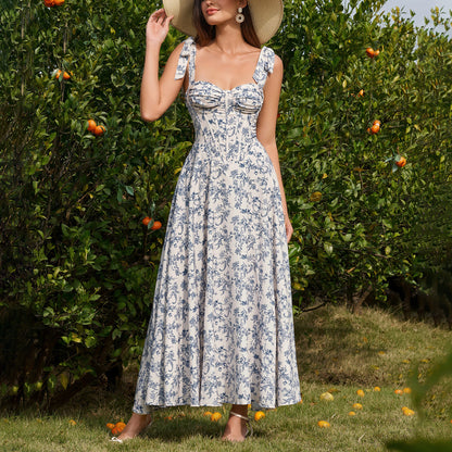blue print slip backless waist-tied dress