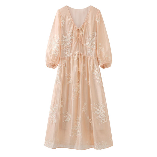 French Lyocell Embroidered A-line midi Dress
