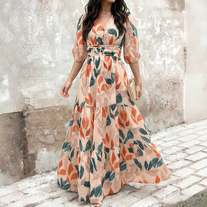 cross-border vintage floral print loose puff sleeve maxi dress